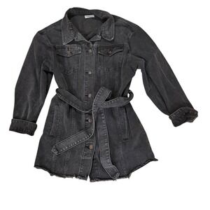 Elia Cher Denim Jacket Dress Black Washed Belted Button Front Raw Hem‎ Women L